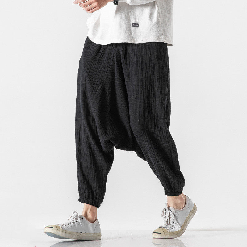 Drop Crotch Cropped Trousers Pant | Cotton And Linen | Color Black