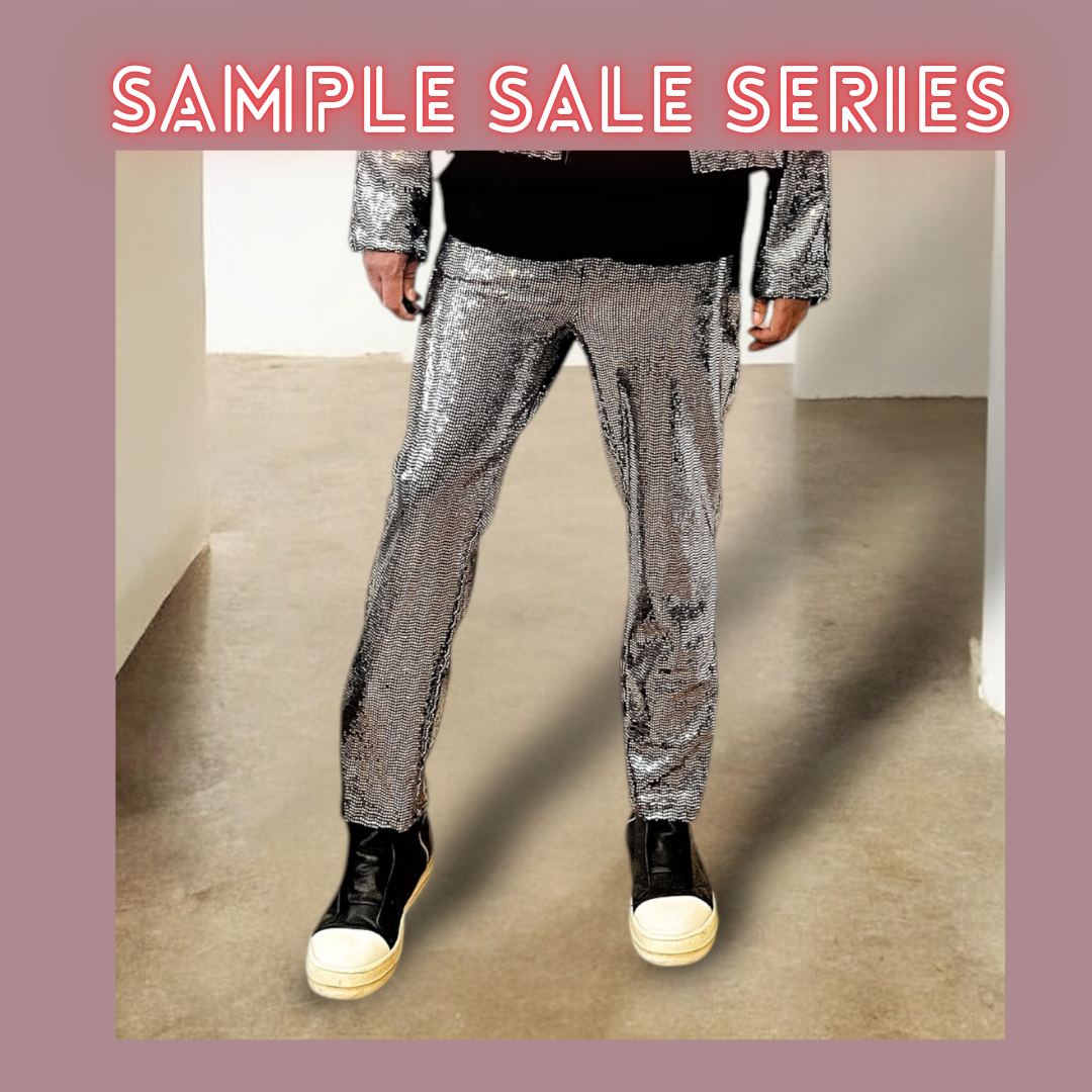 Silver Disco Ball Mens Pant Jersey Pull On Trouser Jogger, Metallic Coated Spandex Jersey Long Vest With Pockets Perfect for Burningman