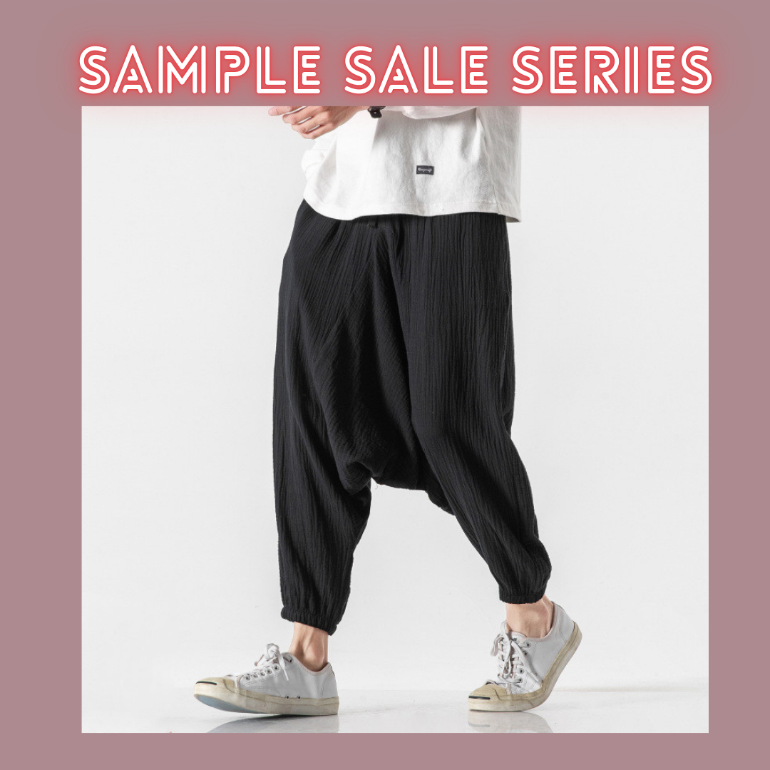 Drop Crotch Cropped Trousers Pant | Cotton And Linen | Color Black