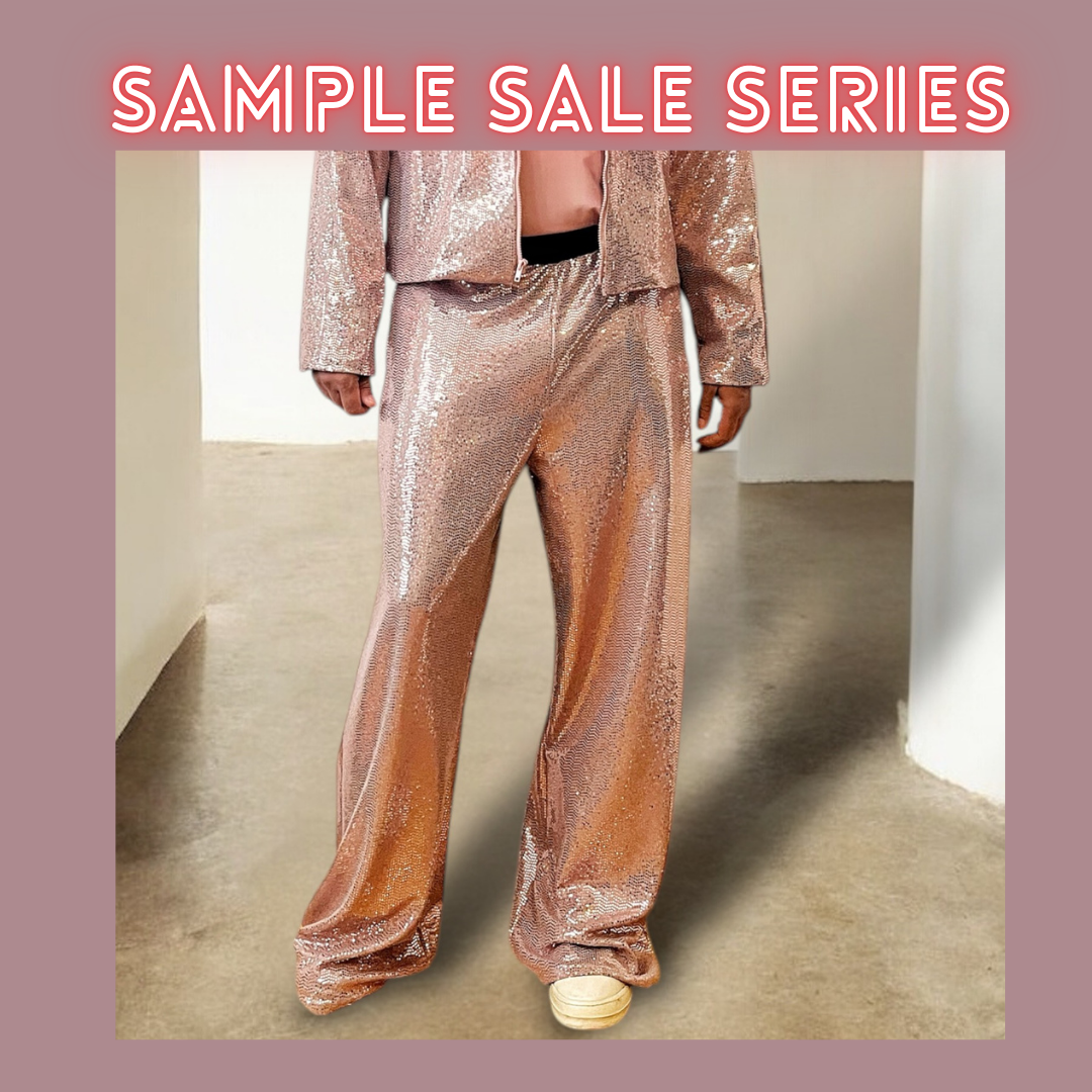 Rose Gold Metallic Wide Leg Trousers for Men - Elastic Waistband, Sparkly Spandex