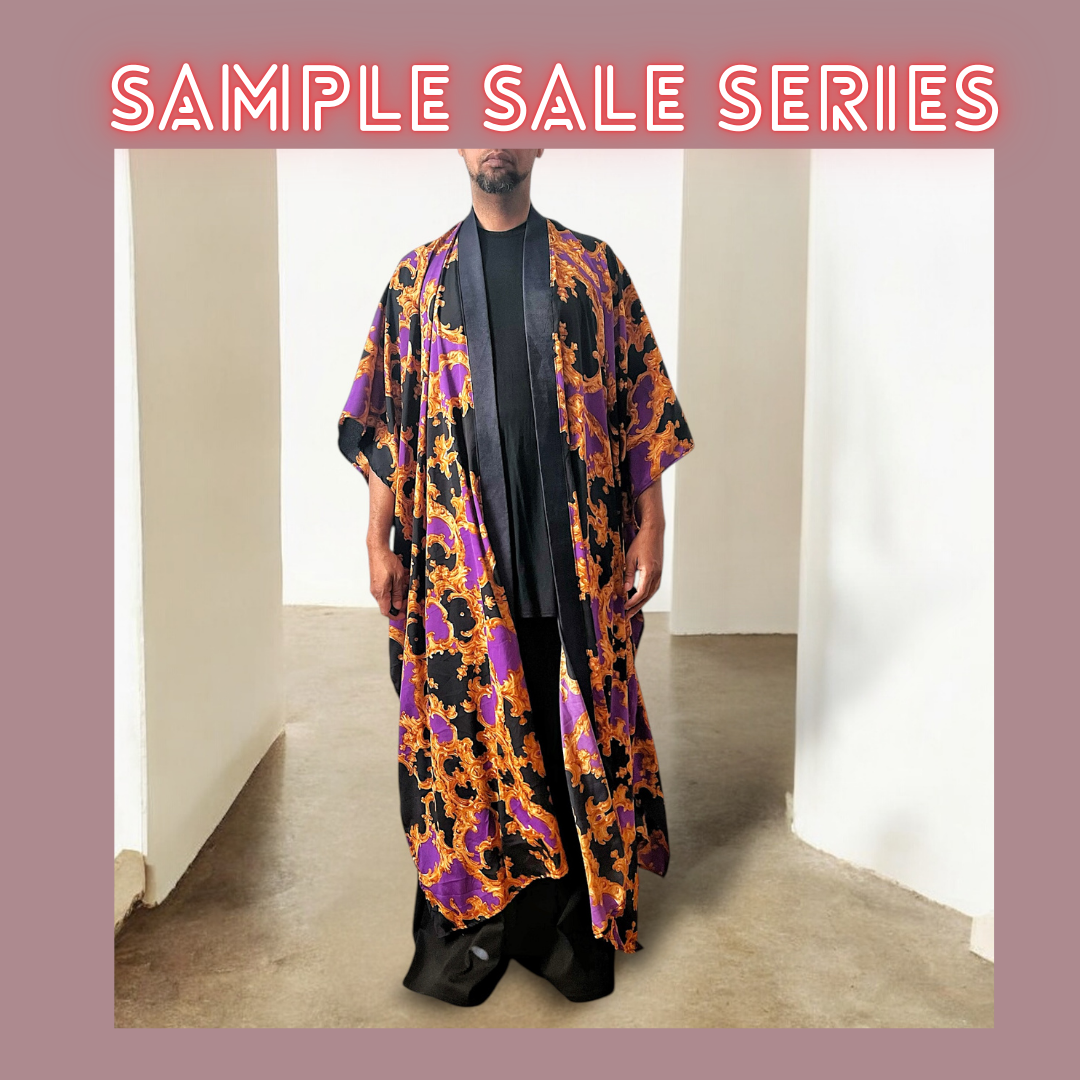 Purple And Gold Glided Print Snap Side Caftan Kimono With Denim Collar Lightweight Great Movement Playa Rave Wear