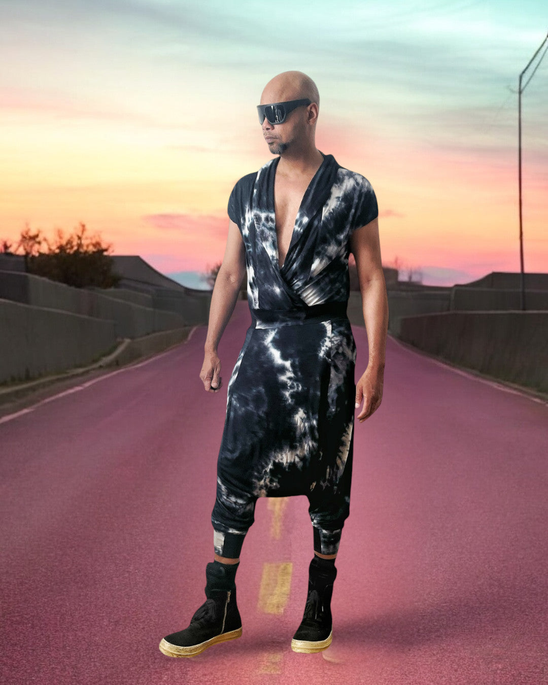 Mens Jumpsuit Drape Front Jersey Jumpsuit Cross Front attach Hoodie Tye Dye Jersey Mens Unisex