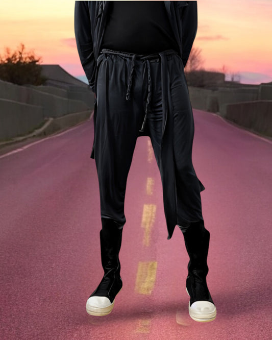 Mens Jersey Jogger | Cinched Waist Slim Cut Pant | With Braided Belt Drawstring Waist