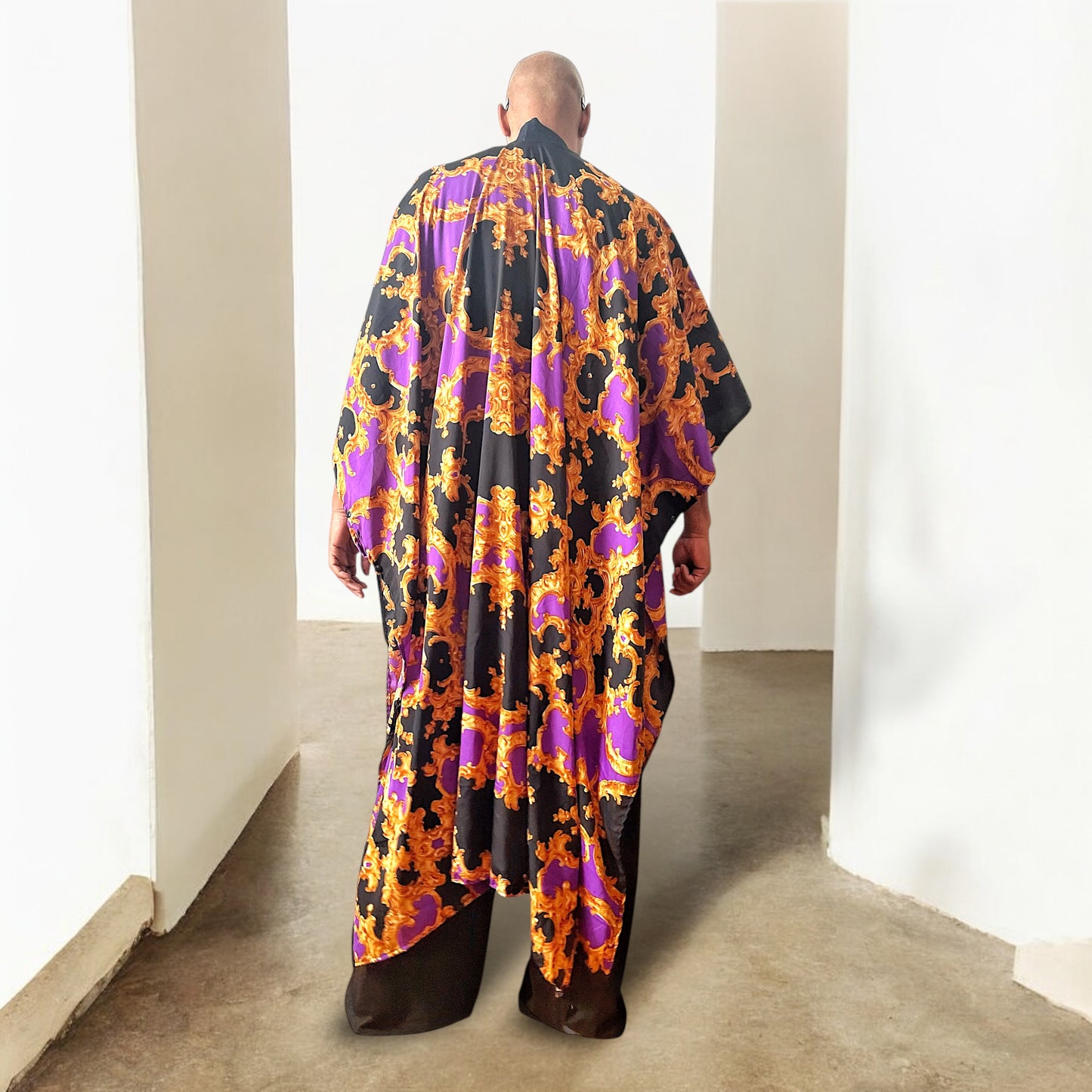 Purple And Gold Glided Print Snap Side Caftan Kimono With Denim Collar Lightweight Great Movement Playa Rave Wear