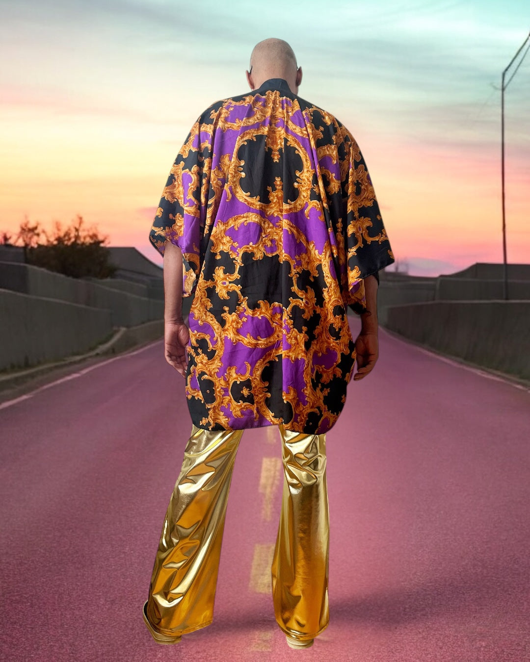 Gilded Gold Leaf Print Kimono | Ditigal Print Purple/Gold On Rayon With Denim Collar| Wide Sleeve Kimono