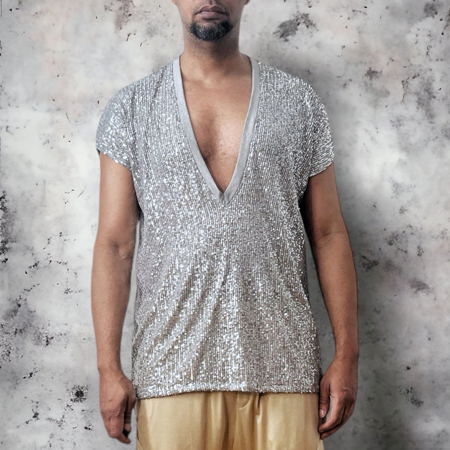 Extreme Deep V Neck Sliver Sequin Front Tshirt And Tee Shirt Heather Grey Knit Jersey Back