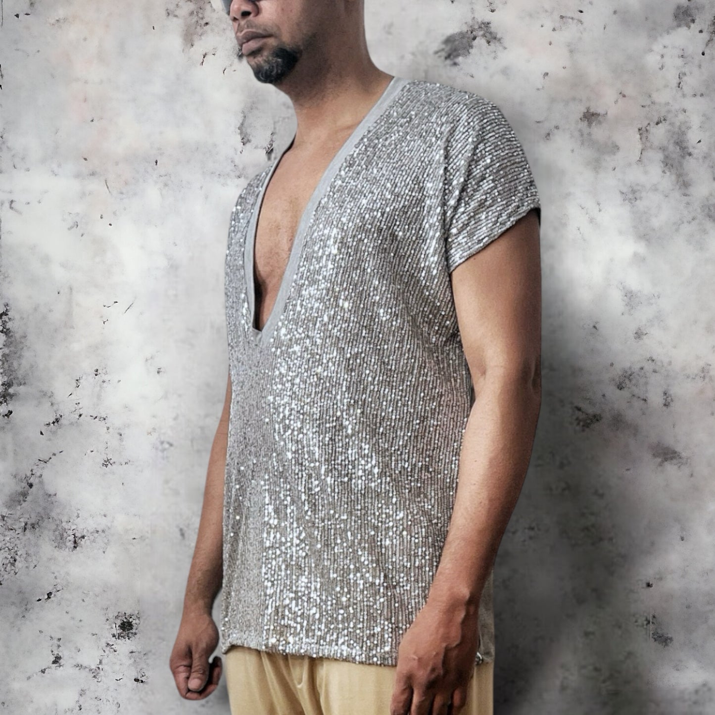 Extreme Deep V Neck Sliver Sequin Front Tshirt And Tee Shirt Heather Grey Knit Jersey Back