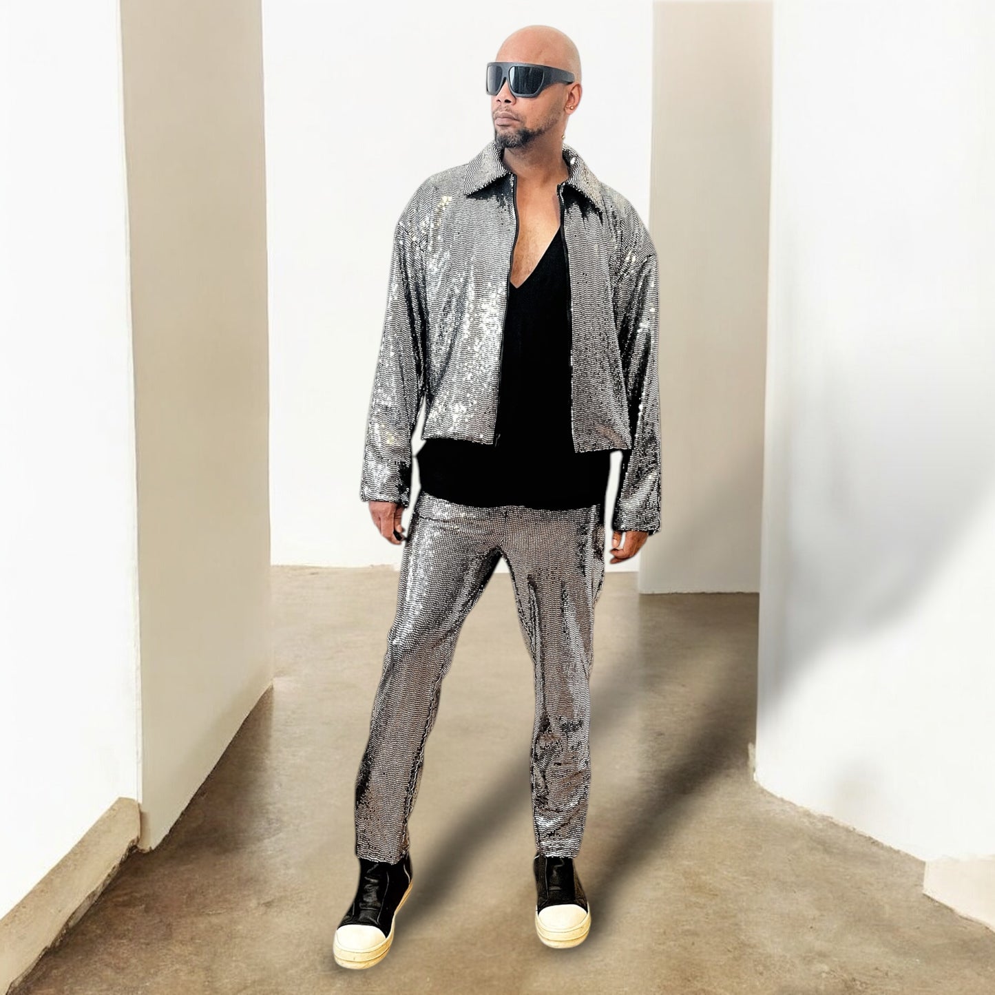 Silver Disco Ball Mens Pant Jersey Pull On Trouser Jogger, Metallic Coated Spandex Jersey Long Vest With Pockets Perfect for Burningman