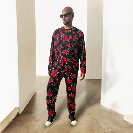 Floral Print 2pc Sweat Suit Set for Men | Men's Flower Printed Sweatshirt & Jogger Pant Set