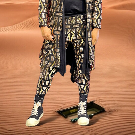 Symbol Aztec Tribal Sequins Jogger Pant Sequin Patterned Mesh Lined Two Tone Gold And Festival Trouser Pants Unisex