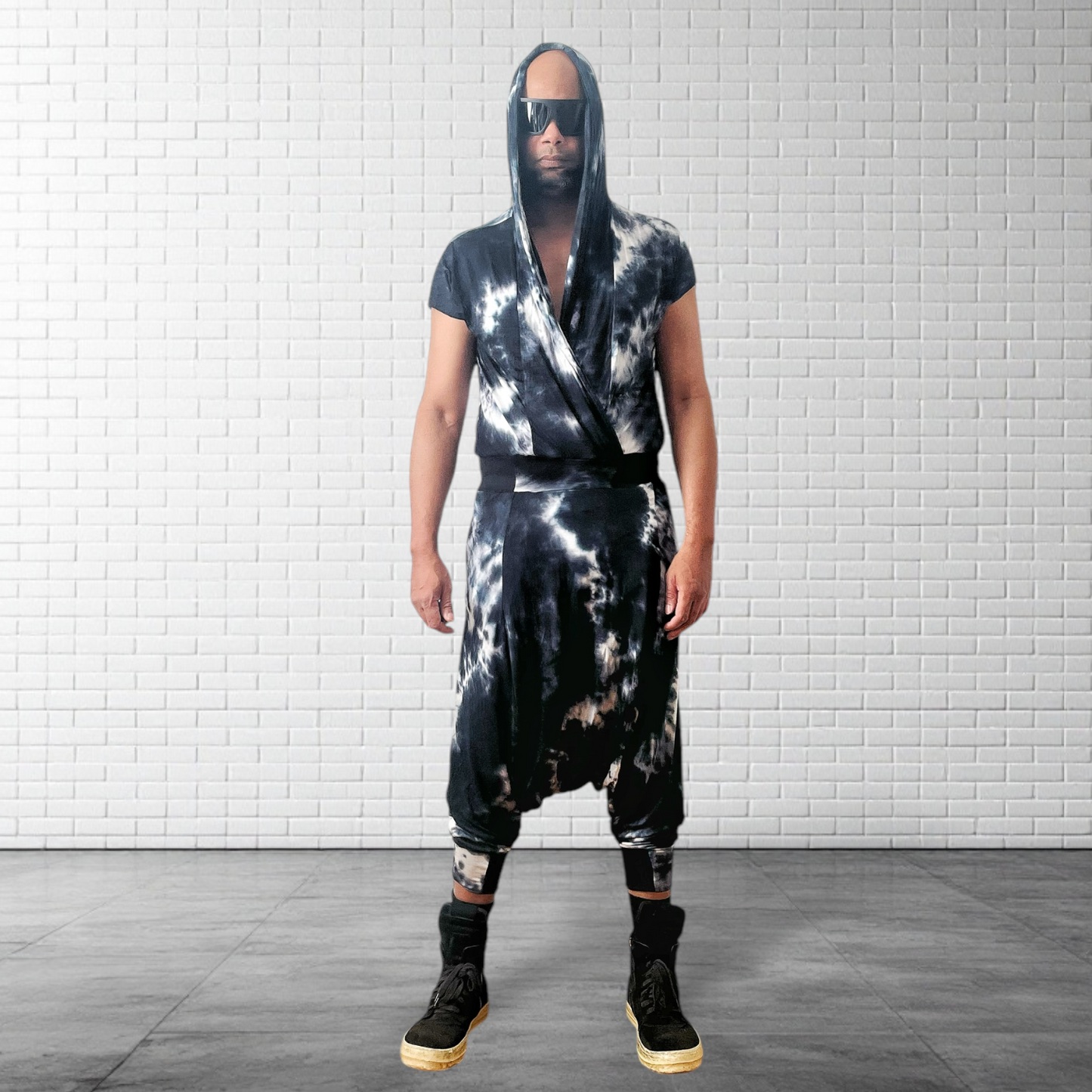 Mens Jumpsuit Drape Front Jersey Jumpsuit Cross Front attach Hoodie Tye Dye Jersey Mens Unisex