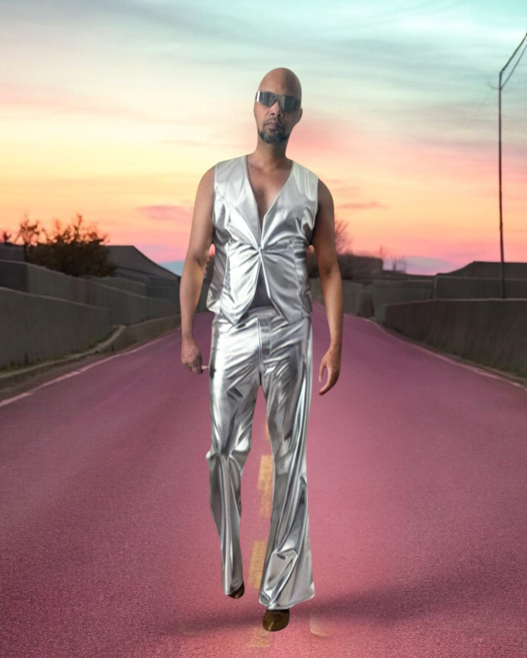 Silver Metallic Mens Vest | Button Up Sleeveless Vest