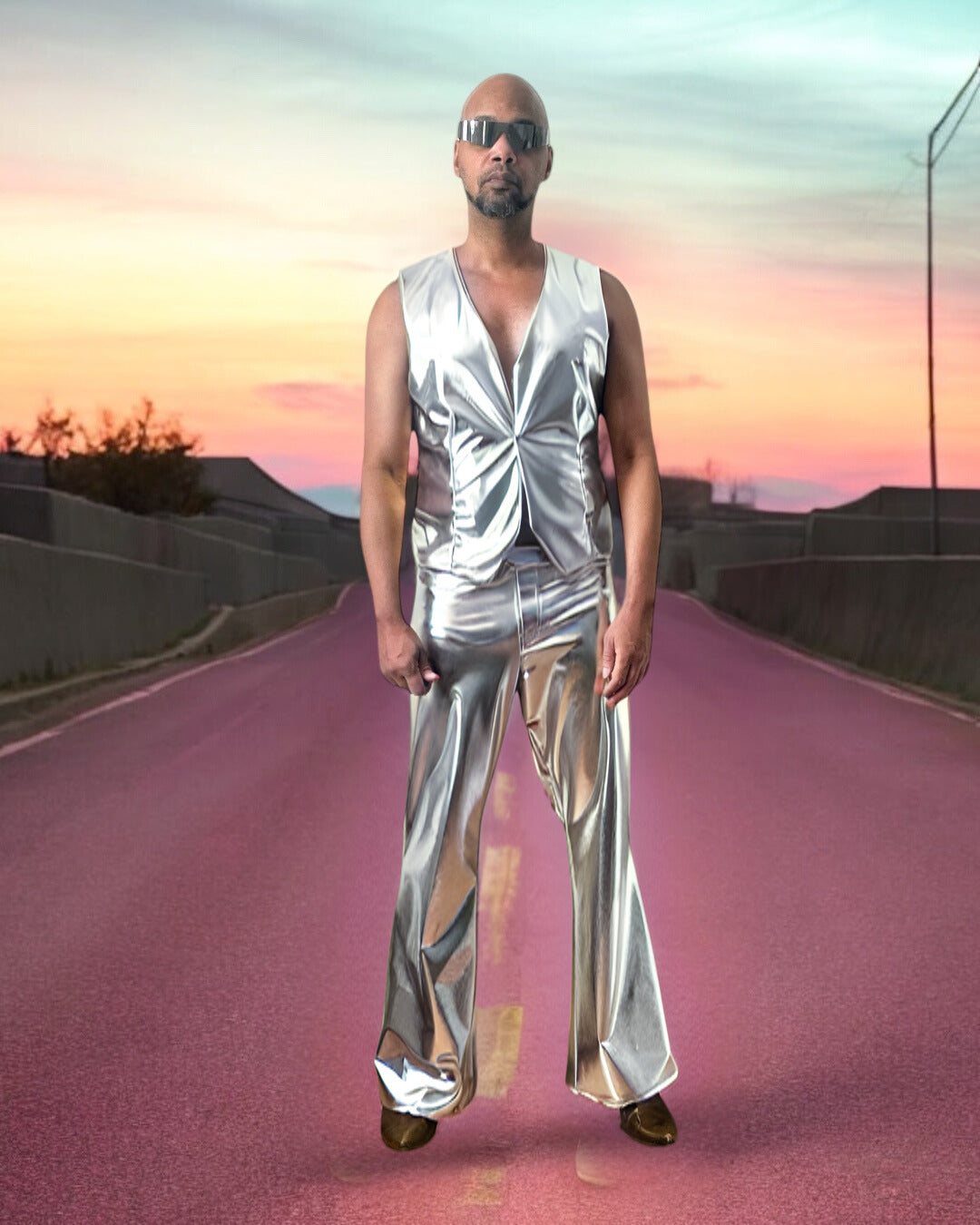 Silver Metallic Mens Vest | Button Up Sleeveless Vest