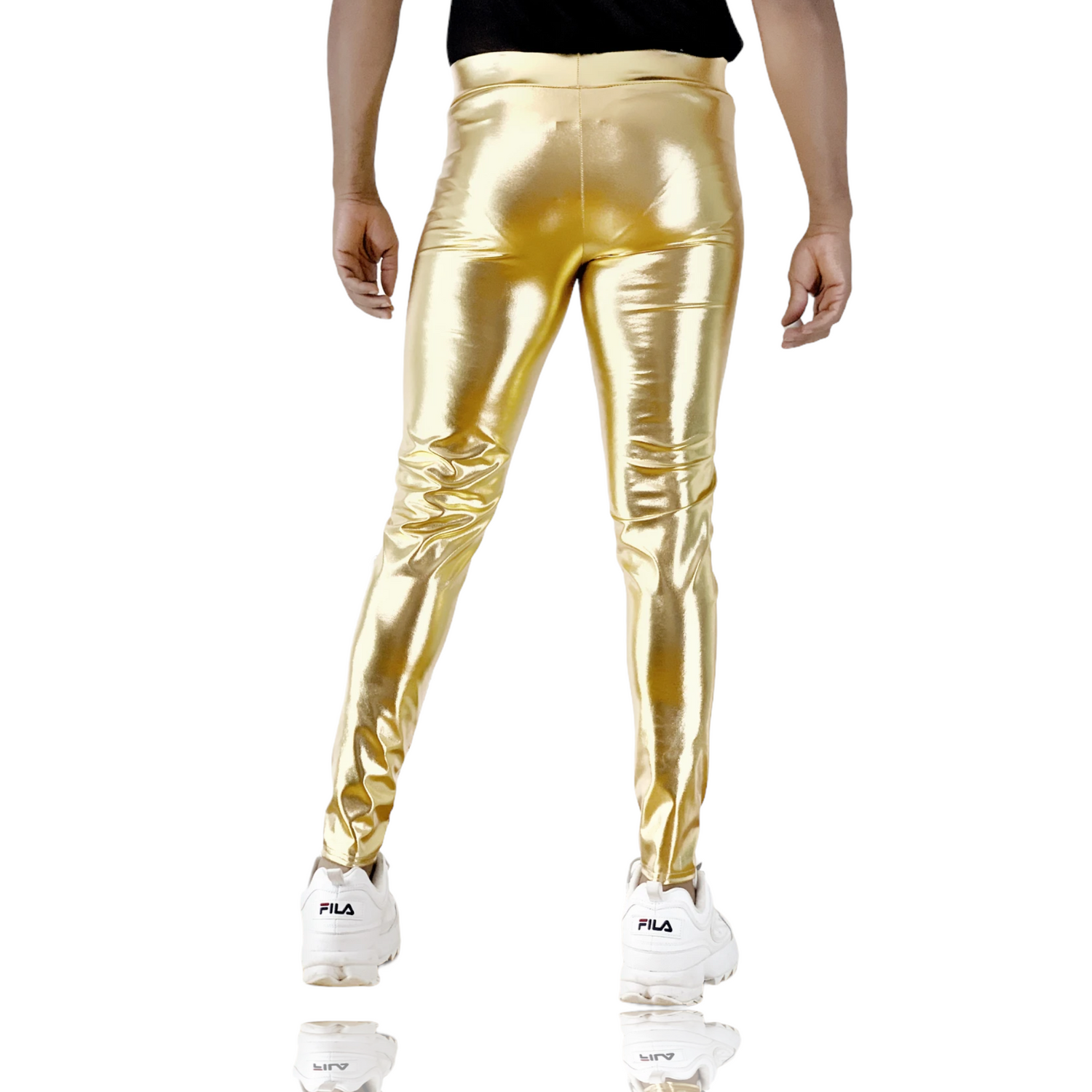 Womens High Waisted Yoga Pants shown in Gold Metallic Foil Spandex, custom  made by Suzi Fox.